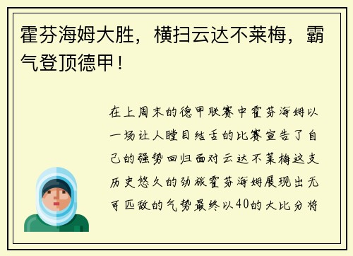 霍芬海姆大胜，横扫云达不莱梅，霸气登顶德甲！